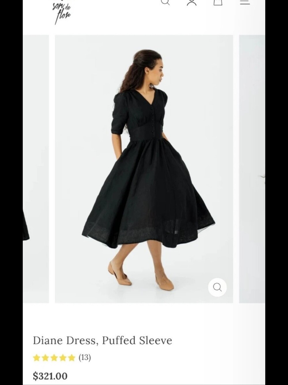 Son de Flor Diane Puffed Sleeve Midi Dress in Black, XS